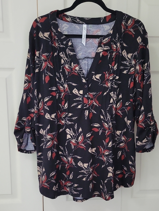 NY Collection Tops - Relaxed Black Floral Henley Top